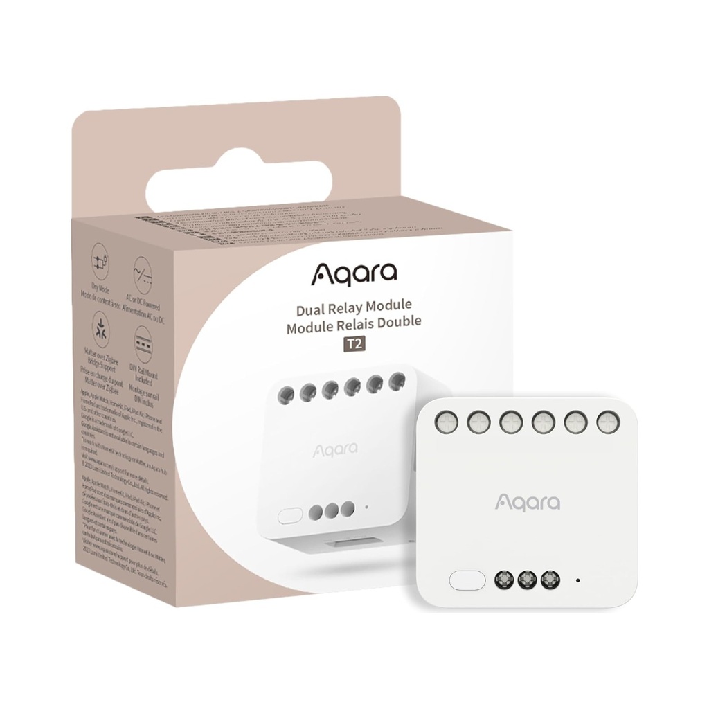 Aqara T2 Dual Relay Module with Matter, Requires Aqara Zigbee 3.0 HUB, Dry Contact Mode for Garage and Boiler Doors, Roller Screen Switch and Light Switch - DCM-K01