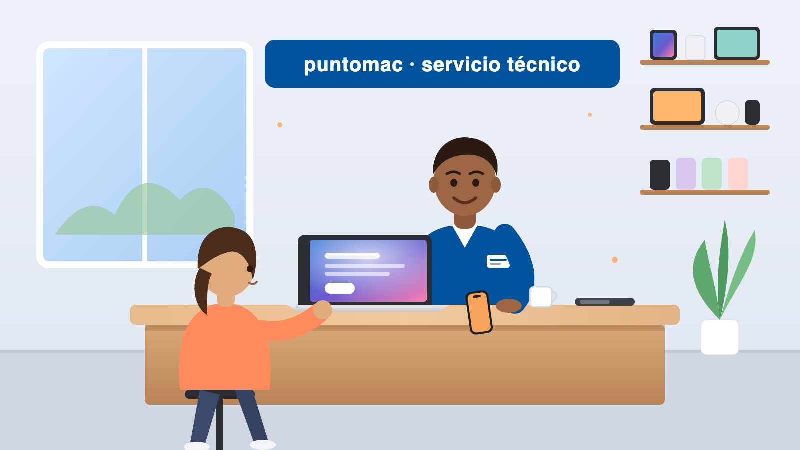 Técnico de Puntomac atendiendo a una clienta en el taller
