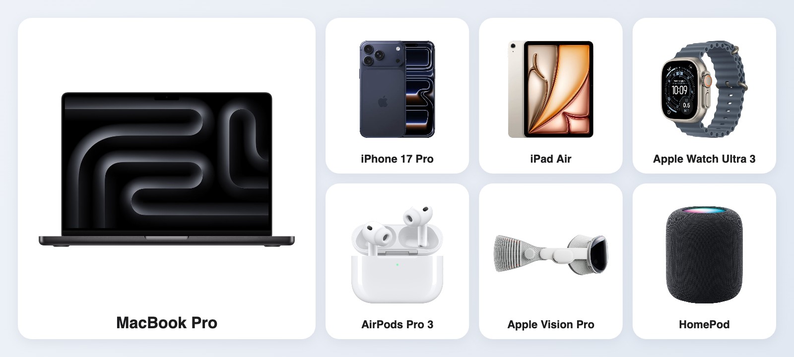 MacBook Pro, iPhone 17 Pro, iPad Air, Apple Watch Ultra 3, AirPods Pro 3, Apple Vision Pro y HomePod en Puntomac
