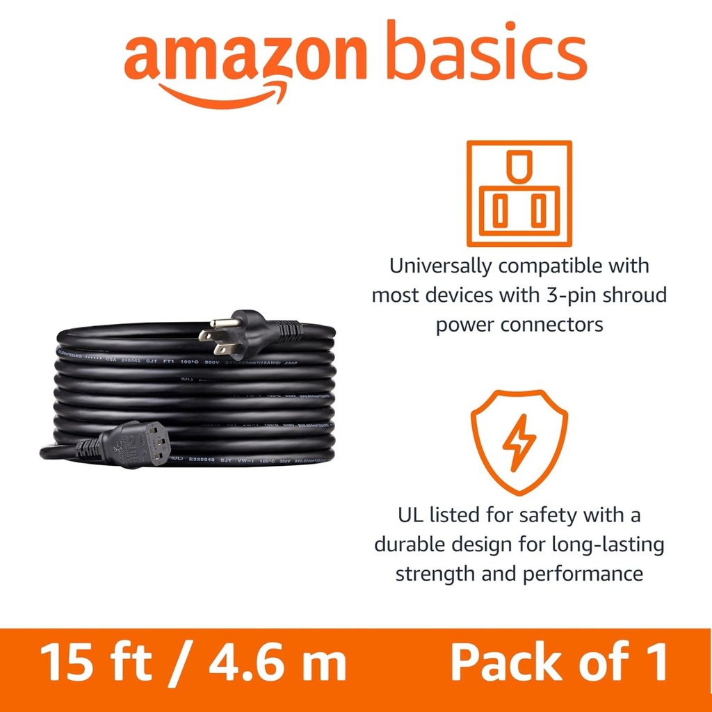 Amazon Basics PC Power Cord 15 ft -  Black - L6LAC006-DT-R