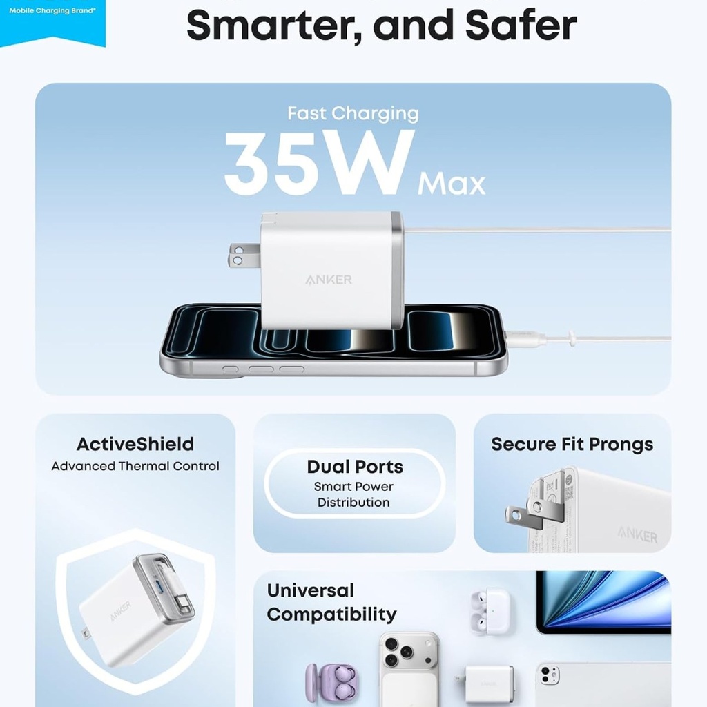Anker Nano Cargador 35W 2 USB-C con cable retráctil - A2658J