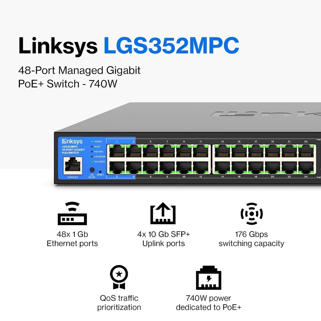 Linksys 48-Port Managed POE+ Switch W/ 4 SFP+ 740W - LGS352M