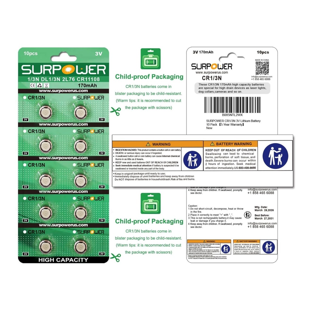 SURPOWER CR1/3N 3V Lithium Battery DL1/3N,CR1-3N,1/3N, 2L76.