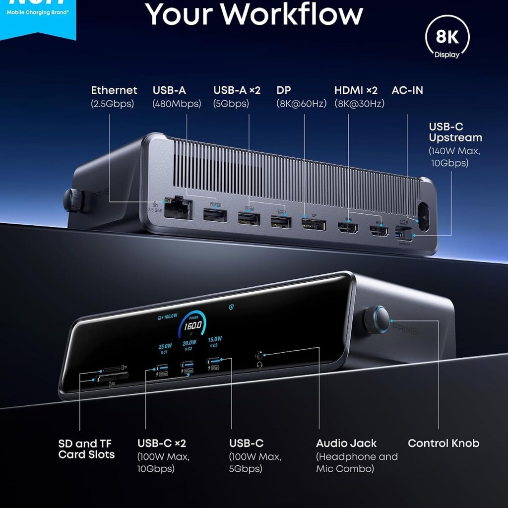 Anker Prime Cargador 160W 3 USB-C con pantalla - Gris oscuro