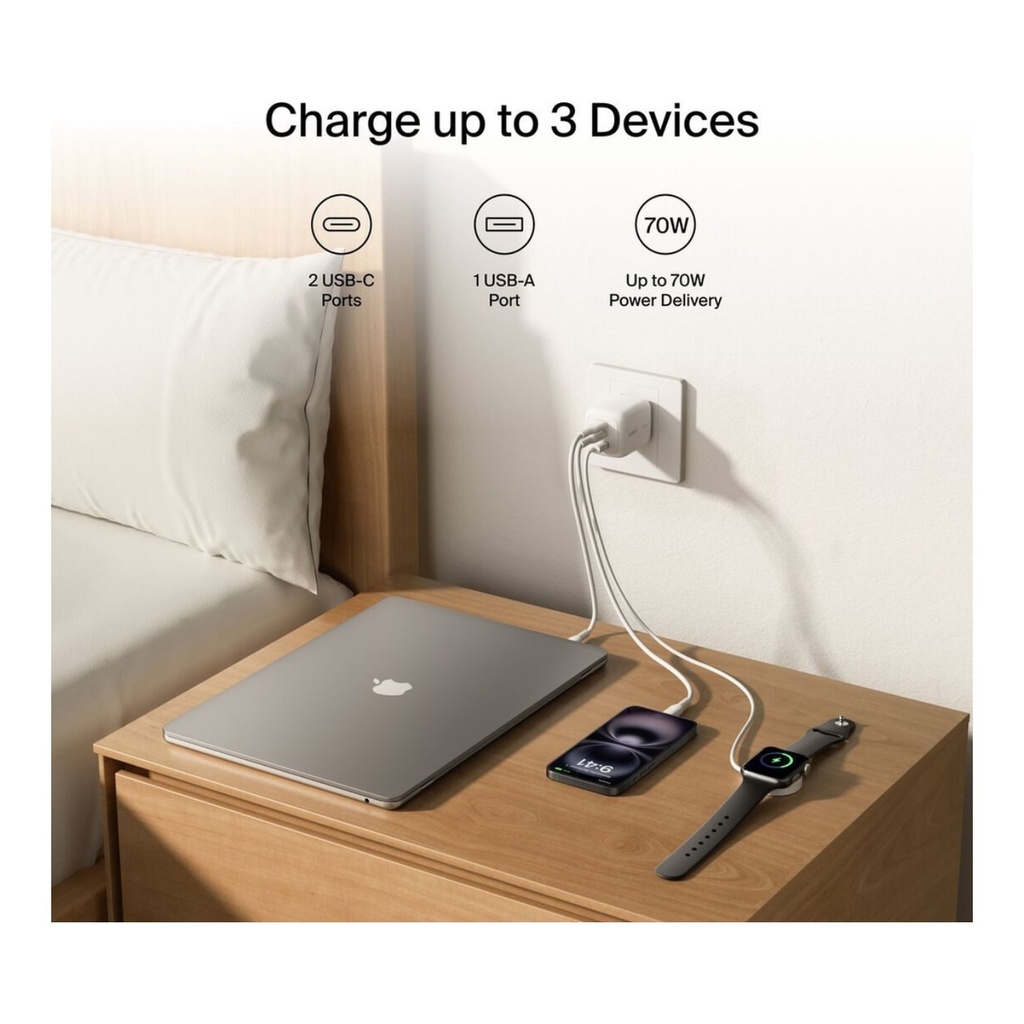 Belkin 70W 3-Port GaN Wall Charger, USB-C, White - WCH018dqW