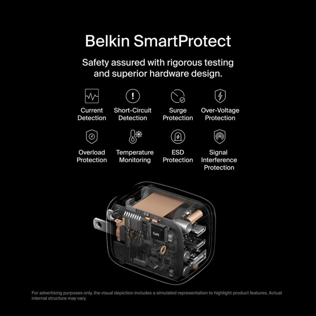 Belkin 70W 3-Port GaN Wall Charger, USB-C, White - WCH018dqW