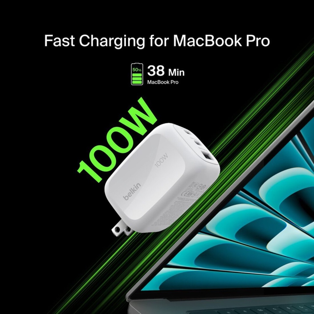 Belkin BoostCharge Pro 100W 3-Port GaN Charger - WCH016dqWH