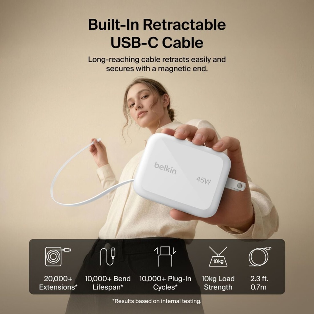 Belkin UltraCharge Retractable GaN Wall Charger 45W, White -