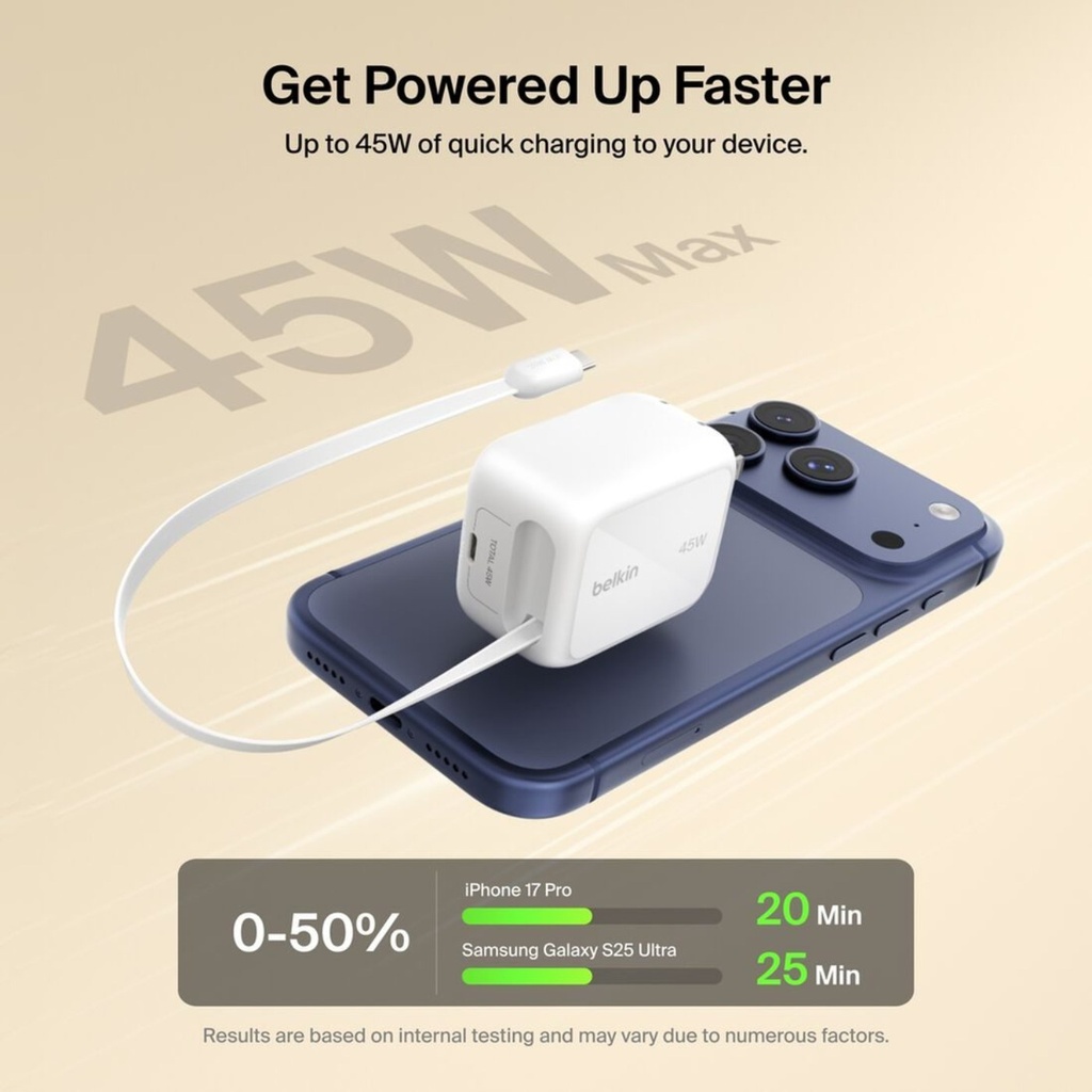 Belkin UltraCharge Retractable GaN Wall Charger 45W, White -