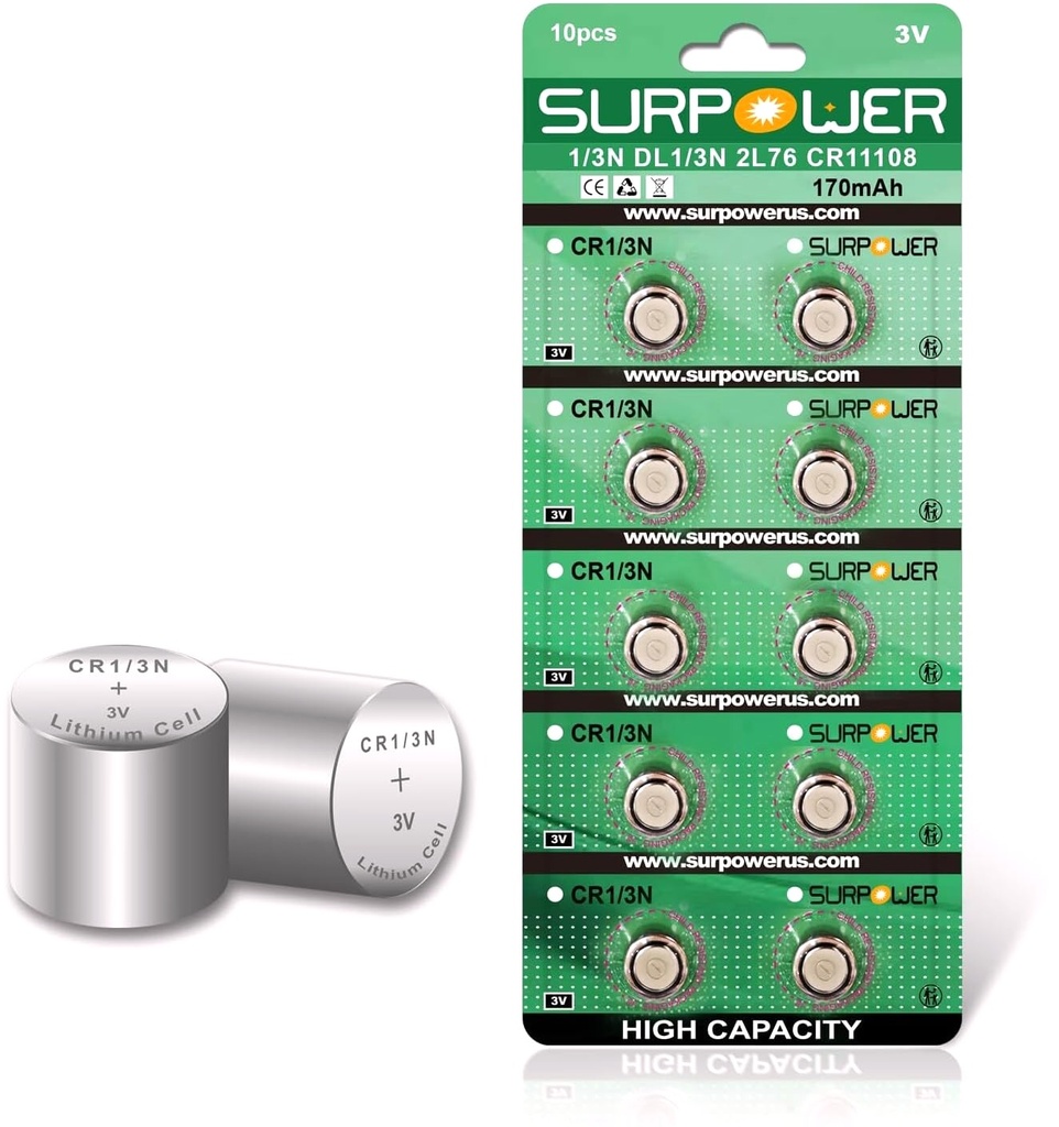 SURPOWER CR1/3N 3V Lithium Battery DL1/3N,CR1-3N,1/3N, 2L76. (1 Unidad)