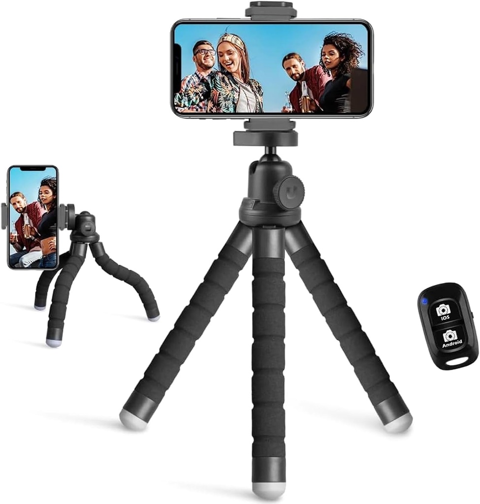 UBeesize Phone Tripod, Portable and Flexible with Wireless Remote Control and Clip, for Cell Phone, for Video Recording - Black