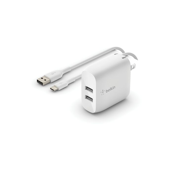 Belkin BoostCharge Dual USB-A Wall Charger 24W W/ USB-A to USB-C cable