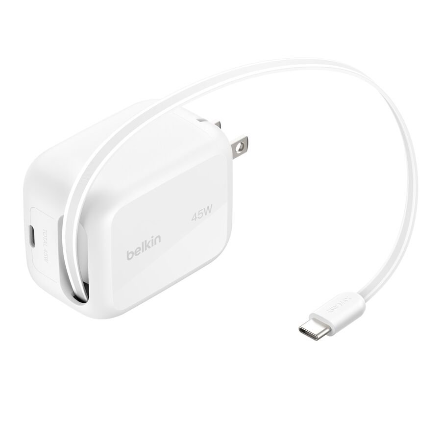 Belkin UltraCharge Retractable GaN Wall Charger 45W, White - WCH023dqWH