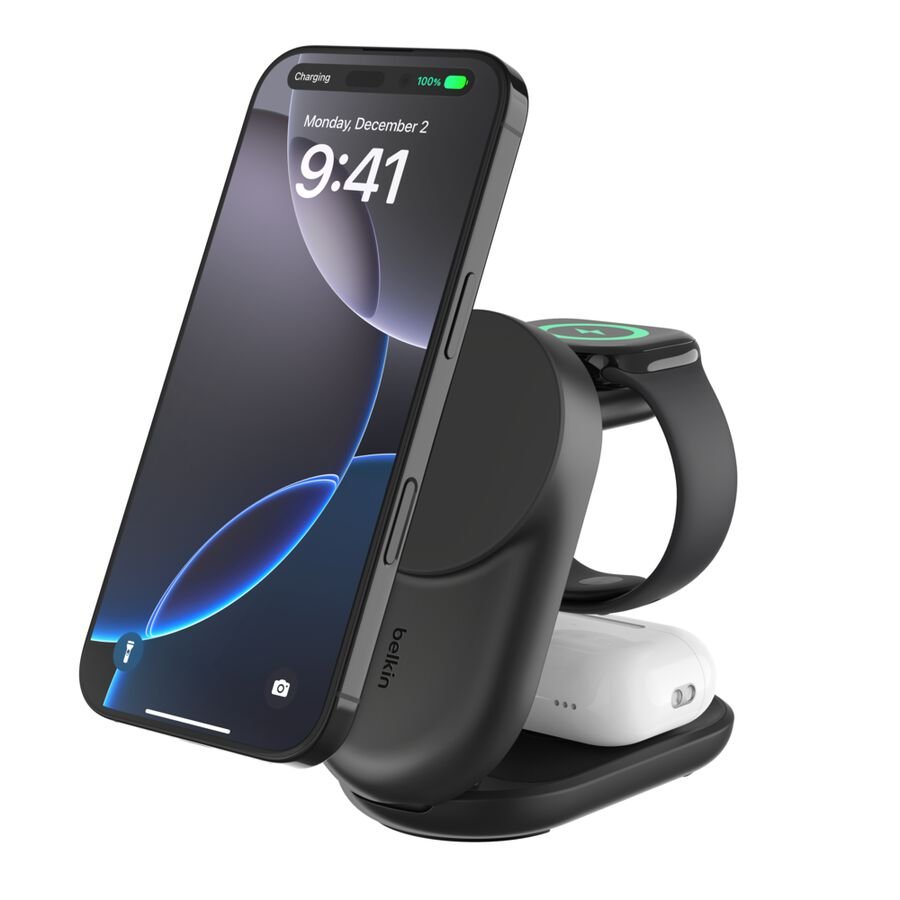 Belkin UltraCharge 3-in-1 Foldable Magnetic Charger, Black