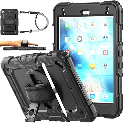[X0023QZ0HD] SEYMAC stock iPad Mini 5/4 Case, Three Layer Hybrid Drop Protection Case with [360 Rotating Stand] Hand Strap&[Stylus Pencil Holder] Screen Protector for iPad Mini 4th/5th Generation 7.9 inch (Black)