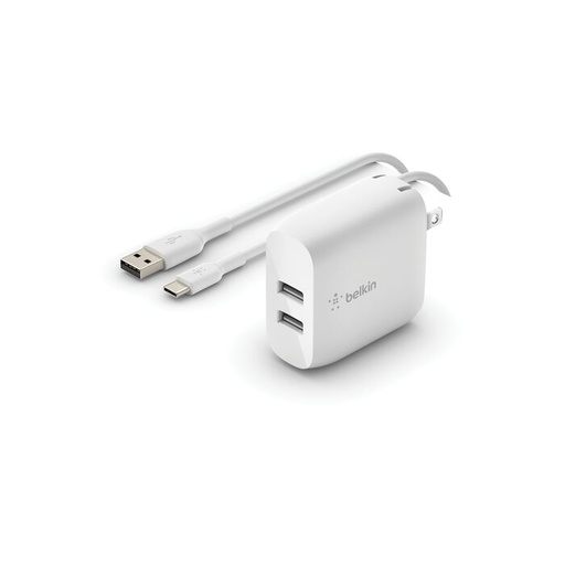 [745883793747] Belkin BoostCharge Dual USB-A Wall Charger 24W W/ USB-A to USB-C cable