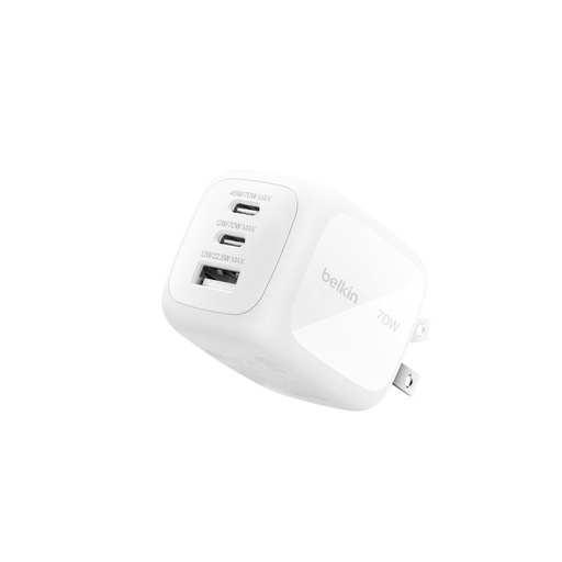 [745883918430] Belkin 70W 3-Port GaN Wall Charger, USB-C, White - WCH018dqWH